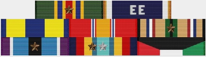 Top Row: Navy Meritorious Unit Commendation w/ 1 star - Navy Battle E Ribbon (2)<br>
                            Second Row: Navy Expeditionary Service Medal - National Defense Service Medal - Southwest Asia Service Medal w/ 1 star<br>
                            Third Row: Humanitarian Service Medal w/ 1 star - Navy Sea Service Deployment Ribbon w/ 1 silver star and 1 bronze star - Kuwait Liberation Medal (Kuwait)