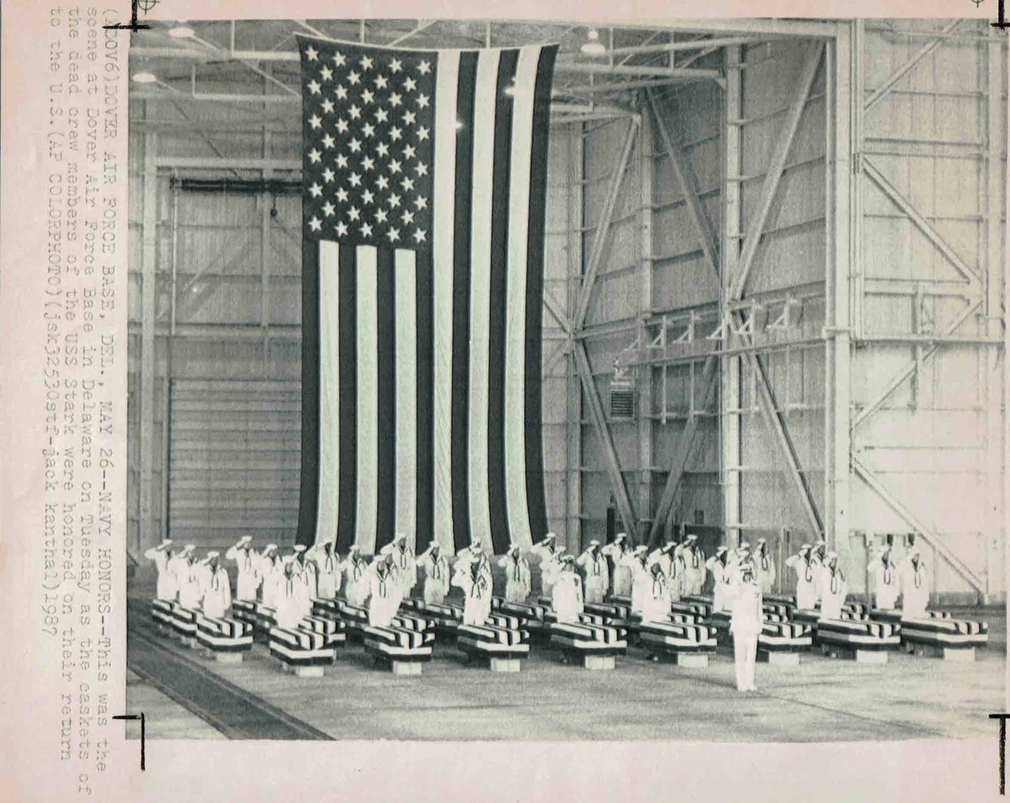 26 May 1987: Dover Air Force Base, Dover, DE - This was the scene at Dover Air Force Base on Tuesday as the 
                            caskets of the dead crew members of the USS Stark were honored on their return to the US.