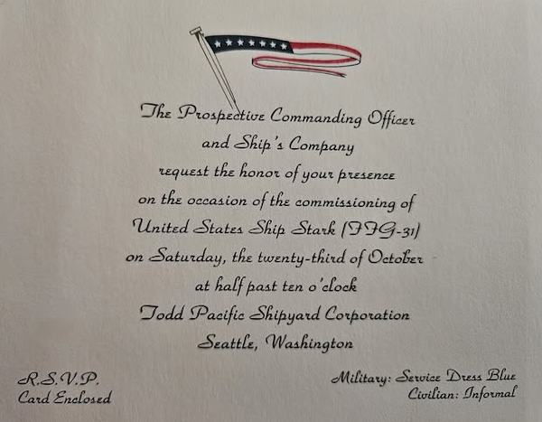 Invitation to the Commissioning Ceremony for the USS Stark FFG-31