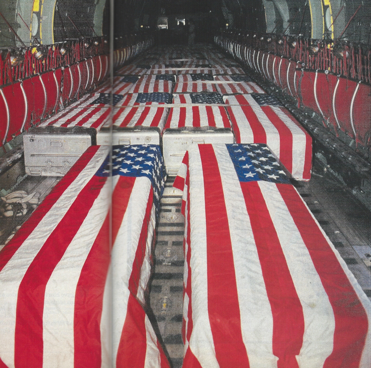 20 May 1987: Flag-draped coffins of the fallen sailors of the USS Stark inside the C-141 Starlifter leaving Bahrain enroute 
                            to West Germany and then on to Mayport.
