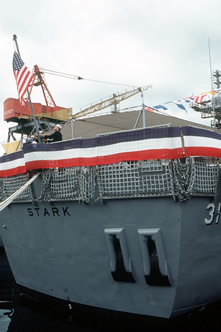 23 October 1982: CDR Terence W. Costello, Commanding Officer, speaks during the commissioning ceremony for Stark.