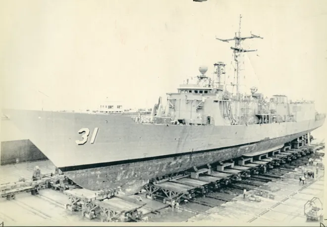 November 1987: The guided missile frigate USS Stark was brought back onto land for restoration work at the Ingalls Shipbuilding division 
                		    of Litton in Pascagoula, MS.