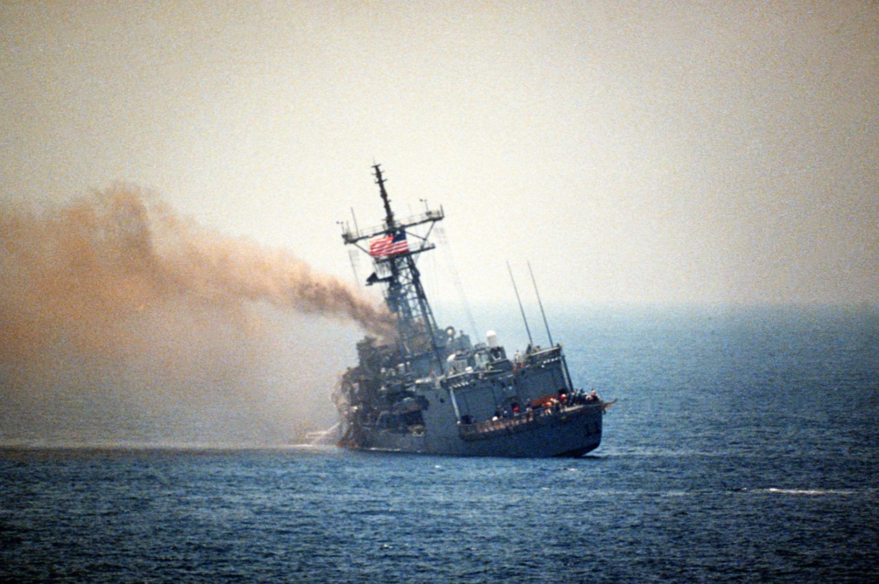 18 May 1987: USS Stark FFG-31 after being struck by to missiles while on patrol in the Persian Gulf.