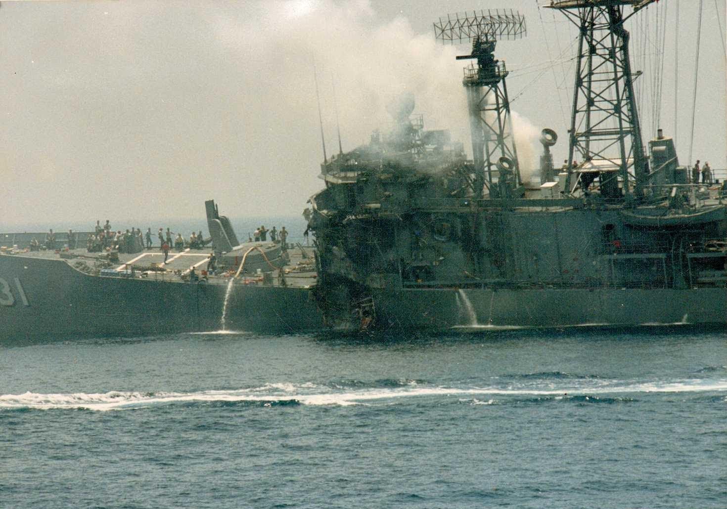 18 May 1987: USS Stark FFG-31 after being struck by to missiles while on patrol in the Persian Gulf.