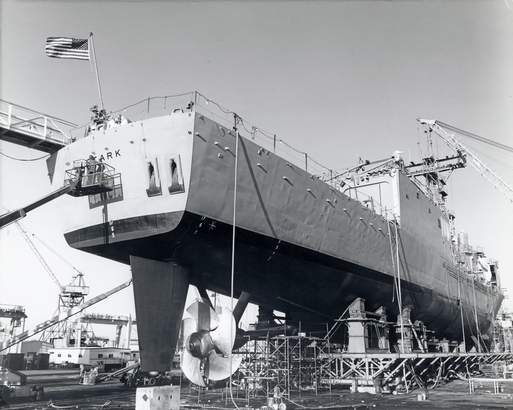 November 1987: USS Stark prepares for re-launch in Pascagoula, MS.