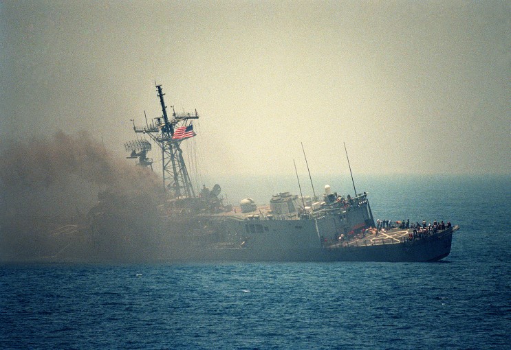 18 May 1987: USS Stark FFG-31 after being struck by to missiles while on patrol in the Persian Gulf.