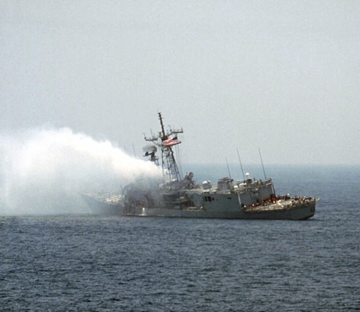 18 May 1987: USS Stark FFG-31 after being struck by to missiles while on patrol in the Persian Gulf.