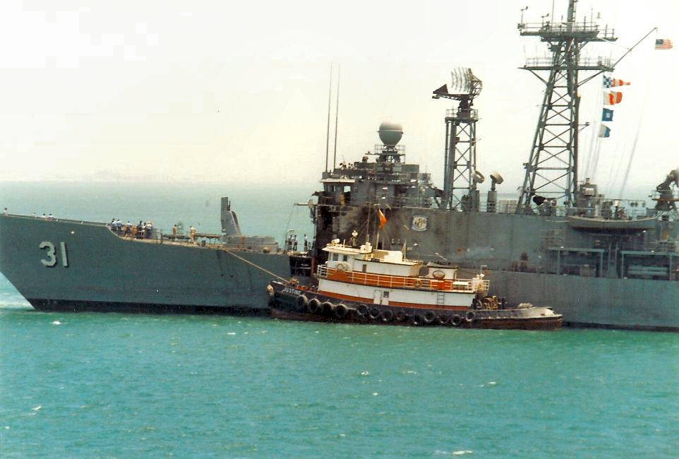 18 May 1987: USS Stark FFG-31 after being struck by to missiles while on patrol in the Persian Gulf.