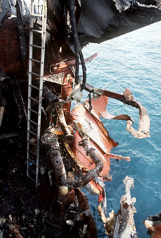 18 May 1987: A close-up view of damage to Stark after it was struck by an Iraqi-launched Exocet missile.