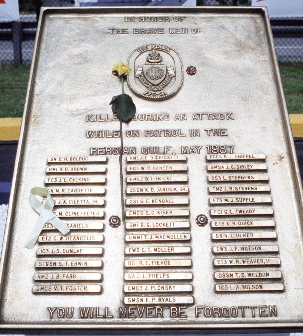 The plaque in honor of the sailors killed on the USS Stark that now resides in the Memorial Park at Naval Station Mayport.