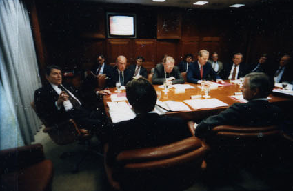 President Ronald Reagan attending the National Security Planning Group meeting on May 18, 1987.