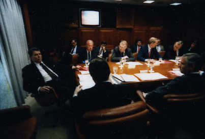 President Ronald Reagan attending the National Security Planning Group meeting on May 18, 1987.