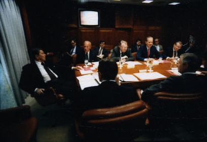 President Ronald Reagan attending the National Security Planning Group meeting on May 18, 1987.