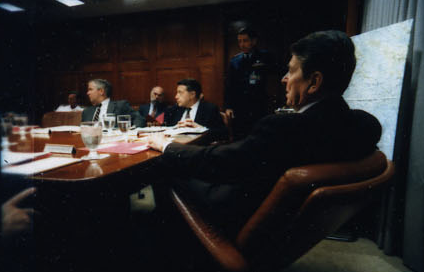 President Ronald Reagan attending the National Security Planning Group meeting on May 18, 1987.