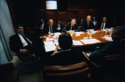 President Ronald Reagan attending the National Security Planning Group meeting on May 18, 1987.