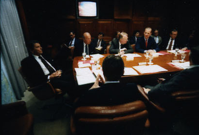 President Ronald Reagan attending the National Security Planning Group meeting on May 18, 1987.