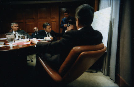 President Ronald Reagan attending the National Security Planning Group meeting on May 18, 1987.