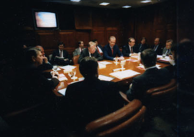 President Ronald Reagan attending the National Security Planning Group meeting on May 18, 1987.