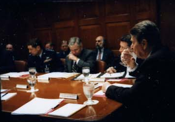 President Ronald Reagan attending the National Security Planning Group meeting on May 18, 1987.
