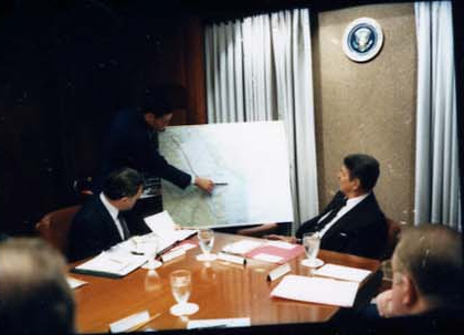 President Ronald Reagan attending the National Security Planning Group meeting on May 18, 1987.