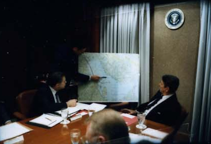President Ronald Reagan attending the National Security Planning Group meeting on May 18, 1987.