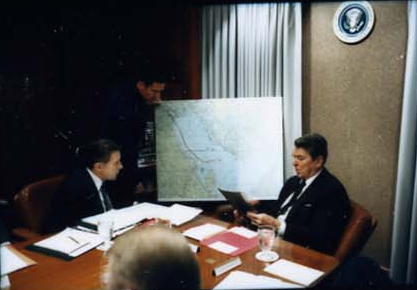 President Ronald Reagan attending the National Security Planning Group meeting on May 18, 1987.