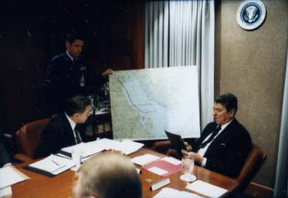 President Ronald Reagan attending the National Security Planning Group meeting on May 18, 1987.