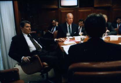 President Ronald Reagan attending the National Security Planning Group meeting on May 18, 1987.