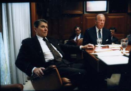 President Ronald Reagan attending the National Security Planning Group meeting on May 18, 1987.