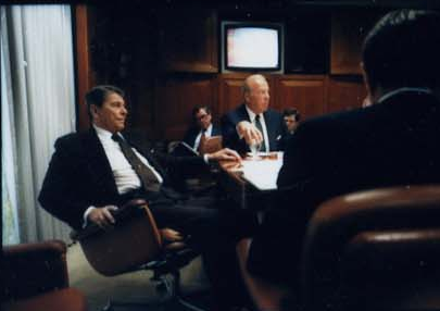 President Ronald Reagan attending the National Security Planning Group meeting on May 18, 1987.