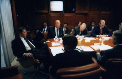 President Ronald Reagan attending the National Security Planning Group meeting on May 18, 1987.