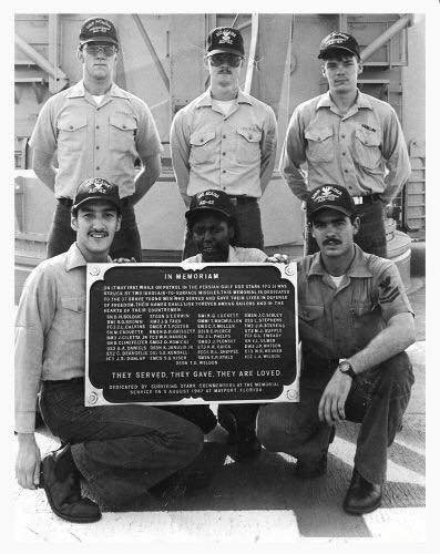 The crew from the USS Acadia AD-42 and the plaque they made In Memoriam for the USS Stark sailors killed on 17MAY87