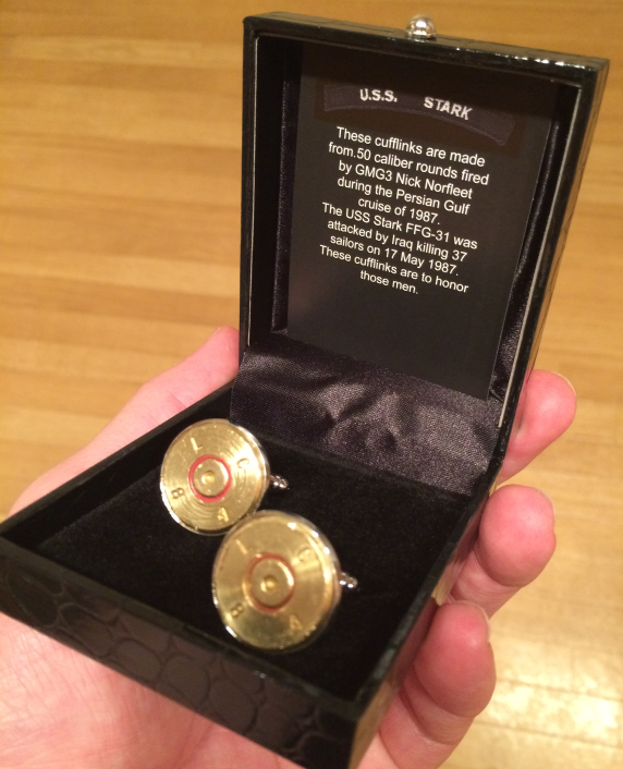 Cufflinks made from .50 Cal brass fired from the USS Stark by GMG3 Nick Norfleet during the Persian 
                  Gulf cruise of 1987.