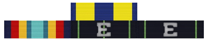 Top Row: Navy Expeditionary Medal<br>Bottom Row: Sea Service Deployment Ribbon, Expert Rifle Medal, 
                  Expert Pistol Medal